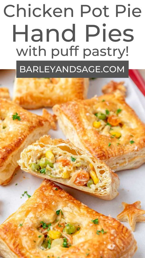 These mini chicken pot pies with puff pastry are a like my classic chicken pot pie but in hand pie form! They have a crispy, flaky puff pastry stuffed with a creamy filling of fresh vegetables and tender chicken! They're the perfect single serving savory appetizer. Chicken Pot Pie Hand Pies, Pot Pies With Puff Pastry, Recipes Puff Pastry, Puff Pastry Recipes Dinner, Chicken Hand Pies, Classic Chicken Pot Pie, Puff Pastry Recipes Savory, Chicken And Pastry, Puff Pastry Chicken