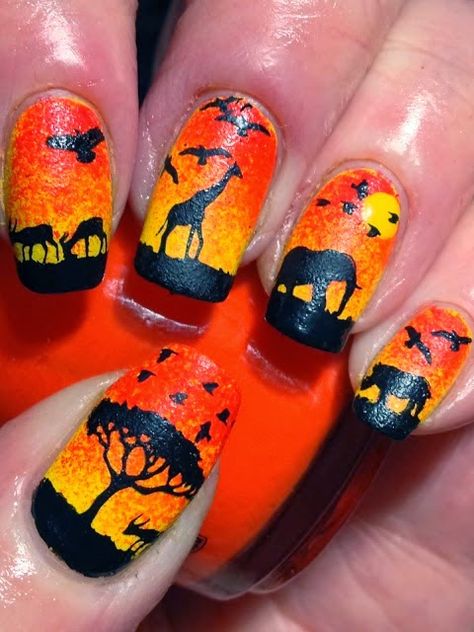 African Safari sunset nails Lion King Nails, Safari Nails, Sunset Nails, Animal Nail Art, Animal Nails, Disney Nails, Fabulous Nails, Cute Nail Designs, Nail Art Inspiration