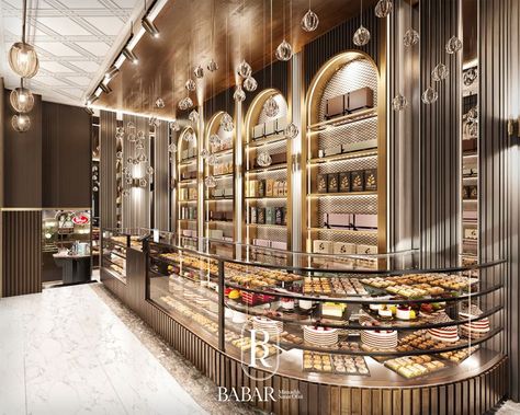 Confectionary Shop Design, Art Deco Bakery, Sweet Shop Interior, Modern Patisserie, Cafe Showroom, Luxury Bakery, Chocolate Store Design, Cake Shop Design, Bakery Shop Interior