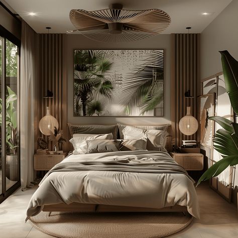 Modern Tropical Bedroom Concept Bali Style Bedroom Ideas, Modern Tropical Apartment, Modern Resort Bedroom, Modern Tropical Farmhouse, Tahitian Interior Design, Tropical House Bedroom Design, Hawaii Inspired Bedroom, Bedroom Vacation Style, Small Hotel Bedroom Design