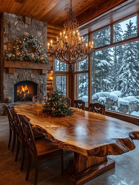 Log Cabin Dining Room, Lake House Dining Room, Lodge Dining Room, Cabin Dining Room, Modern Rustic Cabin, Dining Room Fireplace, Living Room Den, Farmhouse Kitchen Design, Interiors Dream