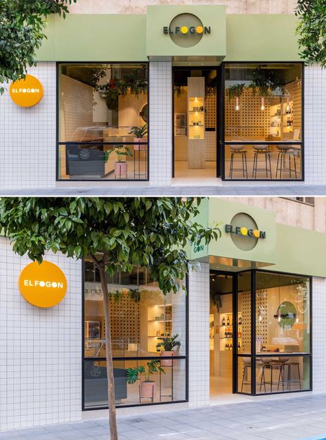 Takeaway Window Design, Industrial Exterior Design, Takeaway Shop, Wood Plants, White Square Tiles, Juice Bar Design, Cafe Exterior, Black Window Frames, Shop Facade