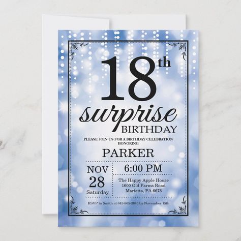 Surprise 18th Birthday Invitation Blue Glitter | #surprisebirthday #adultbirthday #manmalebirthday #womenbirthday #18thbirthday #elegantglamblingstringlights #eighteenbirthday #eighteenthbirthday #blueglittersparkle #blackandbluebirthdayparty 18th Birthday Invitation, 13th Birthday Invitations, Purple Birthday Party, Surprise Birthday Invitations, Blue Birthday Parties, 16th Birthday Invitations, 21st Birthday Invitations, Bday Invitations, Purple Birthday