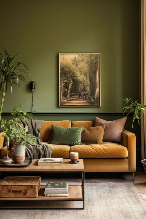 Terra Cotta Color Palette Living Room, Green Couch With Accent Chair, All Green Living Room, Army Green Living Room, Green Terracotta Living Room, Plants In Living Room Ideas, Green Yellow Living Room, Moss Green Living Room, Green Wall Living Room