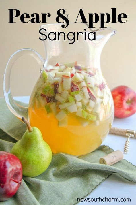 This Pear and Apple Fall Sangria is made white wine and crisp apples and pears. Combining the best flavors of autumn to create a fun cocktail that is perfect for fall entertaining or even Thanksgiving. #sangria #cocktailrecipe #fallcocktail #apple #pear #thanksgivingrecipe Fall Apple Sangria, White Wine Apple Sangria, Fall Apple And Pear White Wine Sangria, Apple Bourbon Sangria, Champagne Recipes, Harvest Sangria White Wines, Thanksgiving Sangria, Celebration Recipes, Apple Sangria