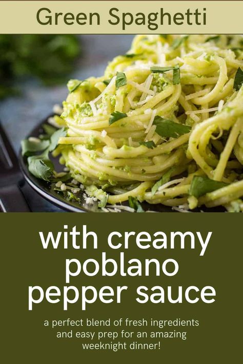 Make this Green Spaghetti for a fun and flavorful twist on the classic pasta dish! It features a creamy poblano pepper sauce with a gorgeous green hue and the perfect amount of kick. This easy-to-make pasta dinner is an ideal blend of fresh ingredients and easy prep. You’ll love this dish as your next weeknight dinner! Green Chili Spaghetti Squash, Green Poblano Spaghetti, Poblano Canning Recipes, Green Chili Pepper Recipes, Poblano Pepper Pasta, Poblano Sauce Recipe, Canned Poblano Pepper Recipes, Poblano Pepper Sauce, Green Spaghetti Recipe Mexican Easy