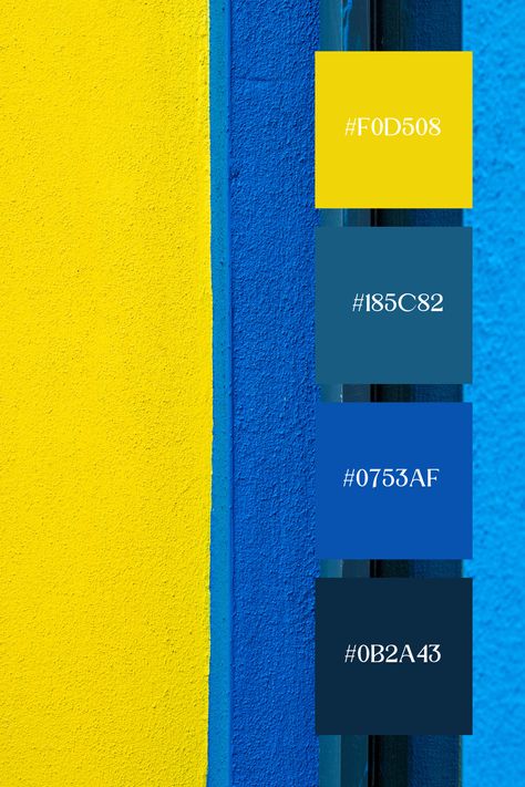 This vibrant blue and yellow color palette is bold and energetic. The combination of deep blues and bright yellows creates a striking contrast, evoking feelings of joy and vitality. The palette's clear, vivid hues are reminiscent of sunny skies and festive celebrations, making it perfect for dynamic and lively designs. Yellow And Teal Color Palette, Blue Yellow Green Color Palette, Bright Blue Color Palette, Yellow Blue Color Palette, Blue Yellow Color Scheme, Blue Yellow Color Palette, Yellow And Blue Color Palette, Bright Colour Combinations, Contrast Colour Combination