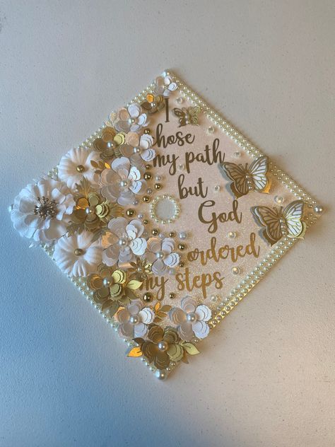 Hi everyone! this graduation cap topper is the perfect addition to your special day! It is made with heavy glitter card stock and permanent vinyl for the text. The paper flowers are all handmade by me and are what make my graduation cap toppers unique and elegant. This cap is made of high quality, durable materials that will keep you sparkling throughout your special day! How to attach to your graduation cap: There are double sided adhesive strips on the back, just peel off the backing and stick Graduation Cap Designs Parents, Its Been A Long Time Coming Grad Cap, Graduation Cap Designs Lost Loved One, Cap Decoration Graduation Christian, Graduation Cap Designs God, God Graduation Cap Ideas, Graduation Cap Designs Bible Verse, Christian Graduation Cap Ideas, Graduation Caps Decorated