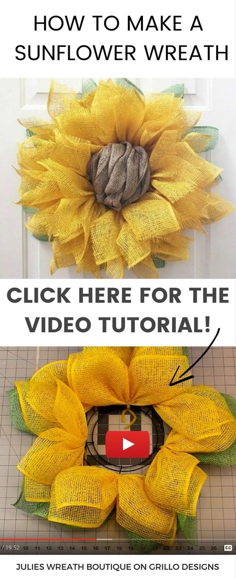 Learn how to make a sunflower wreath using poly burlap. Watch this in depth video tutorial on how to make a sunflower burlap wreath. Sunflower Wreath Diy, Sunflower Burlap Wreaths, Clothespin Wreath, Clothes Pin Wreath, Handmade Things, Burlap Crafts, Sunflower Wreath, Wreath Diy, Sunflower Wreaths