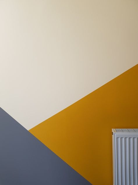 #geometric #featurewall #design #mustard #grey Mustard Study Room, Mustard Feature Wall, Mustard Accent Wall, Mustard Office, Geometric Feature Wall, Mustard And Grey Bedroom, Long Narrow Hallway Ideas, Stairs And Landing Ideas, Mustard Bedroom