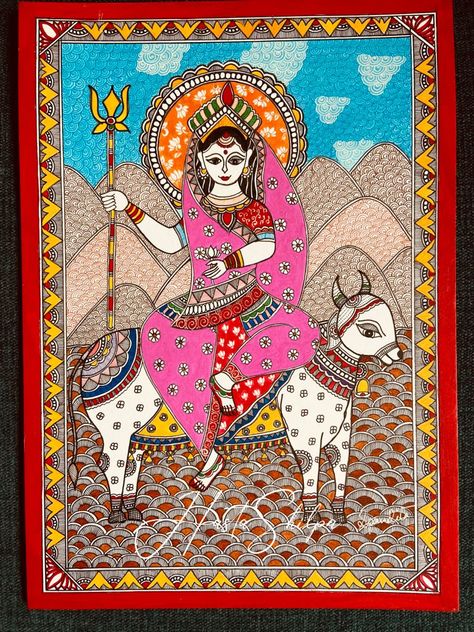 Shailaputri represents Parvati in her stage of childhood. Shail defines mountain and she is the daughter of the Mountain King, Lord Himavan and Queen Menavati. Shailaputri Devi Drawing, Nav Durga Madhubani Painting, Navdurga Madhubani Painting, Shailaputri Devi Painting, Madhubani Embroidery, Navdurga Maa, Nava Durga, Parvati Maa, Nav Durga