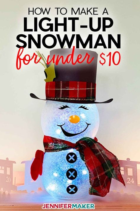 DIY Light-Up Snowman For Under $10 from Dollar Tree Items Diy Fishbowl Snowmen, Light Up Snowman Craft, Glass Jar Snowman Diy, Snowman Fishbowl Christmas, Fishbowl Snowmen Crafts, Dollar Tree Snowman Hat Diy, Dollar Tree Glass Snowman, Dollar Tree Glass Bowl Snowman, Snowman Crafts Dollar Tree