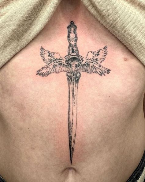 Swords With Wings Tattoo, Winged Serpent Tattoo, Knife With Wings Tattoo, Swords Sternum Tattoo, Dagger With Wings Tattoo, Bat Dagger Tattoo, Chest Dagger Tattoo, Angel Blade Tattoo, Dagger Tattoo Men