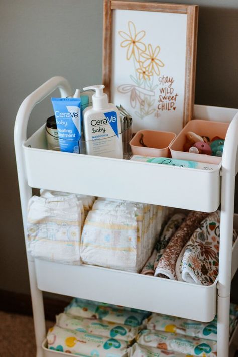 Caddy Organization Ideas, Changing Station Organization, Diaper Caddy Organization, Diaper Cart, Baby Nursery Organization, Baby Changing Station, Baby Nursery Inspiration, Baby Room Organization, Baby Storage