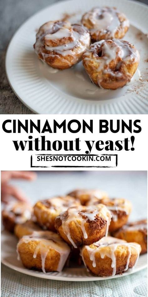 These no-yeast cinnamon buns are so quick and easy to make. They are crusty on the outside, soft and gooey on the inside with a caramelized sugar bottom. Cinnamon Buns Without Yeast, Buns Without Yeast, Buns No Yeast, Berry Rolls, Easy Cinnamon Buns, Rolls Without Yeast, Cinnamon Rolls Without Yeast, Blondie Dessert, Cinnamon Roll Recipe Homemade