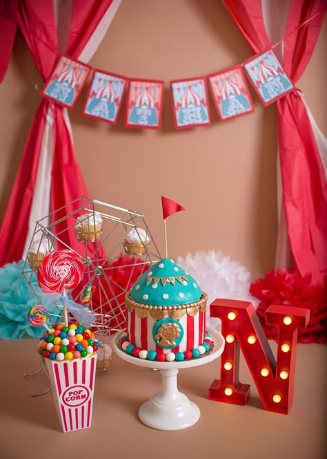 carnival themed cake smash, circus theme cake smash, boys cake smash Carnival Themed Cakes, Circus Theme Cakes, Themed Cake Smash, Circus 1st Birthdays, Carnival Cakes, Circus Birthday Party Theme, Carnival Birthday Party Theme, Birthday Carnival, Boys Cake