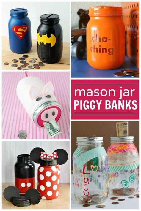 DIY mason jar piggy bank. Make now and have the girls save spending money for their Savannah trip! ขวดโหล Mason Jar, Piggy Bank Diy, Mason Jar Projects, Money Jars, Jar Ideas, Diy And Crafts Sewing, Mason Jar Gifts, Piggy Banks, Ball Jars