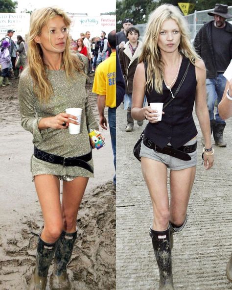 @katemosstyle on Instagram: “Kate Moss’s most iconic looks at Glastonbury #katemoss #katemossstyle #musicfestival #hunterboots #glastonbury #england #icon #mossisboss” Boomtown Festival Outfits, Short Boots Outfit, Mini Shorts Outfit, Kate Moss Outfit, Glastonbury England, Moss Fashion, Kate Moss Style, Off Duty Outfits, Outfits 2000s