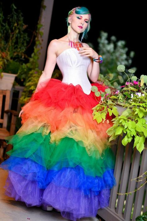 Jennifer Lgbt Prom, Rainbow Themed Wedding, Rainbow Prom Dress, Rainbow Tulle Skirt, Prom Dresses Long Fitted, Rainbow Wedding Theme, Wedding Rainbow, Train Skirt, Rainbow Dresses