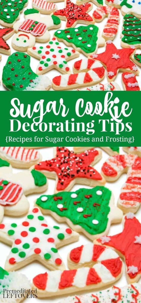 Tips for decorating #Christmas #cookies. Easy Sugar cookie Recipe, Butter Cream Frosting Recipe and tips for decorating sugar cookies. Ideas for foods to use to decorate sugar cookies. Plus How to Make Colored Sugar for decorating cookies. Icing For Decorating Sugar Cookies, Sugar Cookie Topping Ideas, How To Frost Sugar Cookies, Christmas Cut Out Cookies Decorating, Decorating Sugar Cookies Christmas, How To Decorate Sugar Cookies Like A Pro, How To Decorate Sugar Cookies, Simple Christmas Cookie Decorating, Crismas Cookies