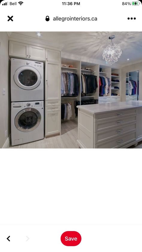 Family Closet Laundry Room, Walk In Closet Room Ideas, Master Closet With Washer And Dryer, Laundry Room In Master Closet, Laundry Room And Closet Combo, Master Closet Design Layout, Basement Master, Laundry Closet Makeover, Master Closet Design