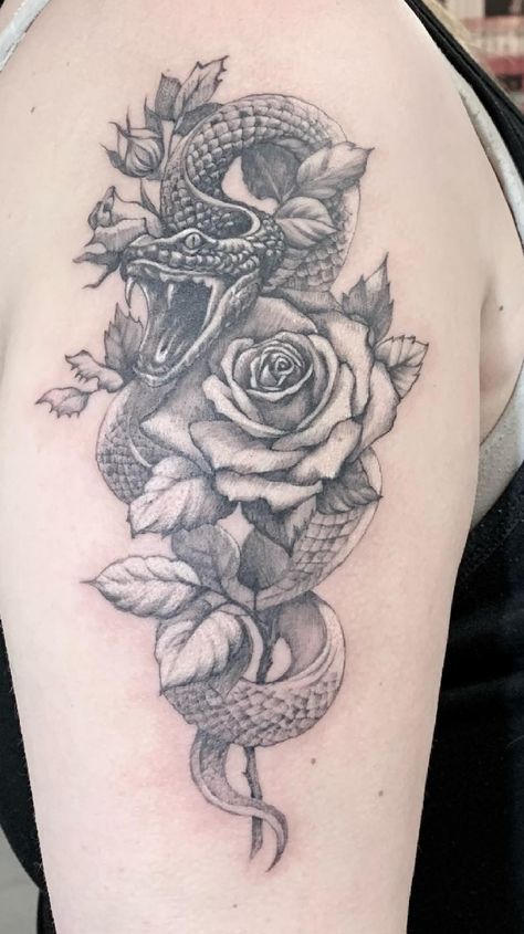 Grey Scale Tattoo For Women, Snake And Rose Tattoo, Black And Grey Rose Tattoo, Apple Tattoo, Black And Grey Tattoos Sleeve, Black And Grey Rose, Mama Tried, Scale Tattoo, Tattoo Design Book