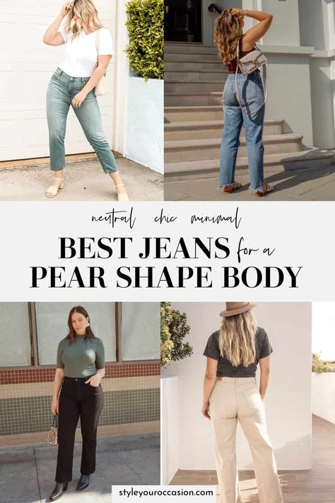 Do you have a pear shape body (plus size or standard)? Get inspiration for pear shaped outfits with jeans! Learn exactly which jeans are best for a pear figure and get casual ideas for spring, summer, and pear shaped body outfits aesthetic you'll love. Plus Size Summer Outfits Pear Shape, Wide Leg Jeans On Pear Shape, Style For Pear Shaped Women Outfits, Jeans For Petite Pear Shape, Outfit Inspiration Pear Shape, Pear Shaped Capsule Wardrobe Spring, Clothes For Short Pear Shaped Women, Everyday Outfits Pear Shape, Wide Leg Jeans For Pear Shape