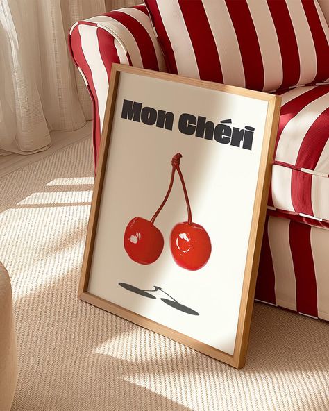 🍒 Made with real cherries! 🍒 #homeinspo #homedecorideas #walldecor #homedecor #interiordesign #wallart #kitchendecor Cherry Poster, Cherry Print Wallpaper, Cherry Poster Aesthetic, Cherry Wall Print, Trendy White T-shirt With Cherry Print, Mon Cheri, Cherry On Top, Cherry Print, Beige Background