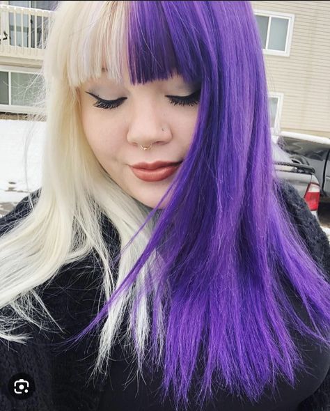 Half Blonde Half Purple Hair Split, Split Dyed Hair Blonde And Purple, Half White Half Purple Hair, Half And Half Hair Color Purple, White And Purple Hair, Purple Split Dye, Purple And White Hair, Two Color Hair, Half And Half Hair