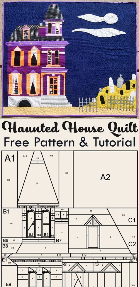 Haunted House Quilt Patterns, House Quilt Patterns Paper Piecing, Epp Halloween Quilt, Witch Hat Quilt Block Pattern Free, Halloween Scrap Quilt, Halloween House Quilt, House Quilts Patterns Free, Halloween Quilt Projects, Haunted House Quilt Block