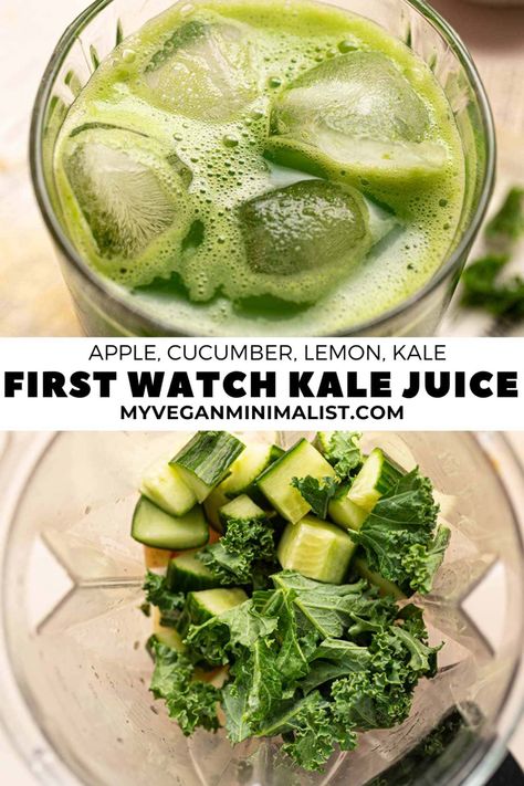 This homemade First Watch kale tonic is packed with fuji apples, lemon juice, cucumber & leafy greens. It's a refreshing & hydrating green elixir loaded with Vitamin C, vitamin K, fibre & more. It's a nutritious drink that tastes just like the beloved First Watch Kale Tonic but for a fraction of the price. Kale Tonic First Watch Recipe, Kale Tonic Recipe, Kale Juice Recipes, Juice Cucumber, Kale Benefits Health, Cucumber Drink, Kale Juice, Juice Cleanse Recipes, Tonic Recipe