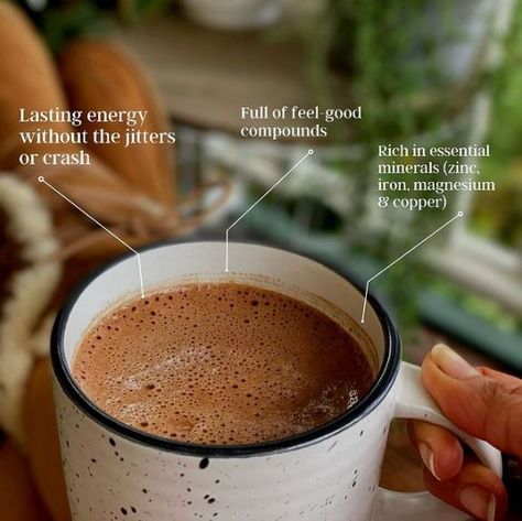 Whether you’re looking for something delicious to sip on after a big day, or you simply need a little extra pep for the afternoon stint, cacao can be a great alternative to that third coffee. It works as a gentle stimulant, with far less caffeine than a coffee(40mg vs 150mg) and is packed with allll the nutrients to ensure you’re supporting your health at the same time. Those on the more sensitive side, we recommend keeping your dose around 10g after midday so you don’t disrupt your sleep cycle. Cacao Health Benefits, Cacao Benefits, Ceremonial Cacao, Benefits Of Coffee, Healthy Hot Chocolate, Coffee Substitute, Matcha Drink, Coffee Alternative, Coffee Benefits