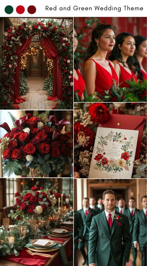 Red and green wedding theme ideas for a festive, vibrant celebration. Forest Green And Red Wedding Theme, Red Green Wedding Decor, Red And Green Summer Wedding, Different Themes For Wedding, Red Green Wedding Theme, Red Fall Wedding Theme, Ruby Red Wedding Theme, Red Color Scheme Wedding, Red Wedding Inspiration