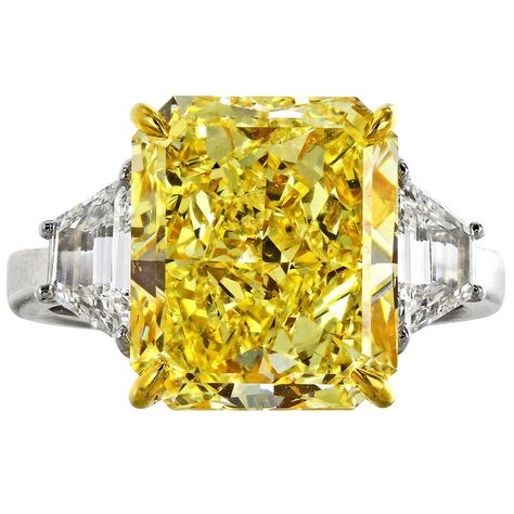 7.01 Carat Fancy Yellow GIA and White Diamond Ring | From a unique collection of vintage engagement rings at https://www.1stdibs.com/jewelry/rings/engagement-rings/ Fancy Yellow Diamond Ring, Radiant Diamond Rings, Radiant Cut Diamond Ring, Yellow Diamond Ring, Canary Diamond, Cushion Diamond Ring, Yellow Diamonds Engagement, Cushion Cut Diamond Ring, Yellow Diamond Engagement Ring