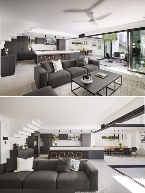 A Dark Grey Color Palette Is Consistently Found Inside And Outside This Modern House Home Interior Design Grey, Colour Schemes Home Interior Design, Dark Grey Color Palette, Interior Design Grey, Charcoal Living Rooms, House In Australia, House Renovation Design, Grey Bed Frame, A Modern House