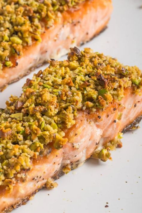 Pistachio Crusted Salmon: 30 Min Recipe With A Crispy Crust 1 Salmon Recipes Crusted, Pretzel Crusted Salmon, Salmon Crusted Recipes, Pistachio Bread, Crusted Salmon Recipes, Pistachio Crusted Salmon, Recipes Salmon, 30 Min Meals, Pretzel Crust