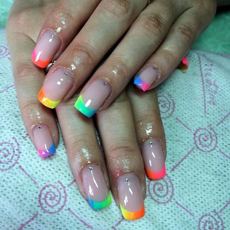 Rainbow Ombre French Tip Nails, Rainbow Wedding Nails, Minimalist Pride Nail Art, Acrylic Nail Designs Rainbow, Rainbow French Tip Nails Short, Bright Summer Nails Designs Neon Fun Color Combos, Cute Neon Nails Short, Rainbow Nails French Tip, Subtle Rainbow Nails