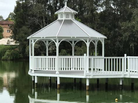 North Batemans Bay - 2536 A stunning looking Wedding Gazebo installed on an existing pier. What a great place to have a wedding or to just relax by the water. Your own venue or property could benefit greatly from having a Gazebos Galore Wedding GAzebo.     Note: More catch ups on our recent projects. We haven't posted in a while so the dat... Gazebo Pond Ideas, Lake Gazebo, Gazebo Pond, Gazebo Lakeside, Gazebo On Water, Gazebo By The Lake, Tree Grate, Batemans Bay, Large Gazebo