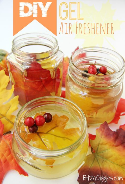 DIY Gel Air Freshener – With only a few ingredients you can make your own gel air fresheners! Decorate with some silk flowers or leaves and they are pretty enough to even give as gifts! #bitzngigles #airfreshener #homemade #gel #fall #autumn #leaf #leaves Gel Air Freshener, Popcorn Mix, Diy Air Freshener, Unflavored Gelatin, Baby Food Jars, Jar Ideas, Diy Recipes, Cleaners Homemade, Household Products