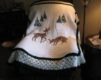 HANDMADE CROCHETED AFGHAN - Hand Embroidered Peaceful Scene of Gentle Deer in Snow - Herrschner's Best Yarn Deer In Snow, Deer Blanket, Crochet Deer, Deer Buck, Afghan Throw Blanket, Granny Square Afghan, Crochet Throw Blanket, Maltese Puppy, Afghan Blanket