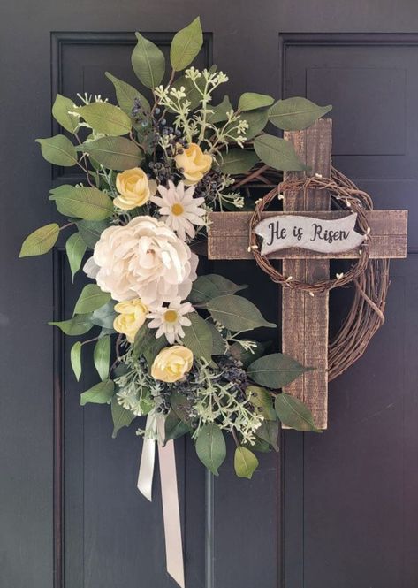 He Is Risen Wreaths For Front Door, Easter Wreath Christian, Easter Wreaths For Front Door Cross, Diy Easter Decorations Christian, Easter Cross Door Hanger, He Is Risen Wreath, Easter Sunday Decorations, Cross Wreaths For Front Door, Easter Door Decorations