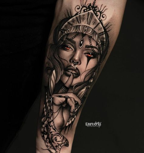 Laura Ortiz, Snake And Dagger Tattoo, Mermaid Sleeve Tattoos, Japanese Hand Tattoos, Headdress Tattoo, Valkyrie Tattoo, Lion Tattoo Sleeves, Girl Face Tattoo, Princess Tattoo