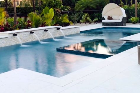 rimflow-spa-on-custom-pool-50 Infinity Spa With Pool, Pools With Fountains, Modern Pool With Waterfall, Modern Rectangle Pool With Spa, Geometric Pool Designs With Spa, Pool Fountains Waterfall, Pool For Small Yard, Rectangle Pool With Spa, Modern Rectangle Pool