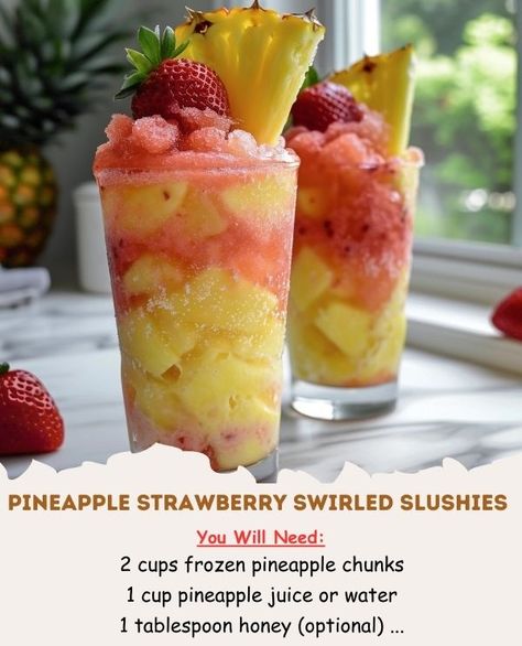 Pineapple Slushie Recipe, Pineapple Strawberry Swirled Slushies, Strawberry Banana Pineapple Smoothie, Strawberry Pineapple Smoothie, Cumcuber And Pineapple Smoothie, Pineapple Strawberry, Frozen Pineapple, Slushies, Pineapple Juice