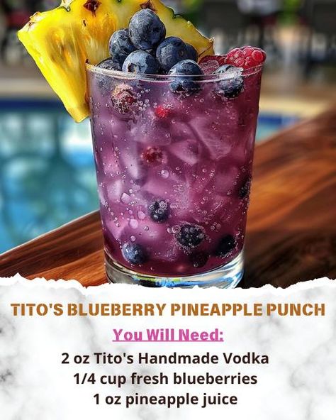 Karla's Recipes | 🍍Tito's Blueberry Pineapple Punch🍹 | Facebook Titos Vodka Recipes, Pineapple Juice Recipes, Vodka Punch, Alcohol Beverages, Alcholic Drinks, Pineapple Punch, Blueberry Juice, Brunch Drinks, Tipsy Bartender