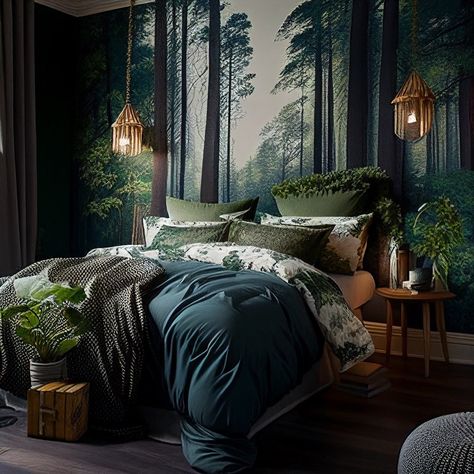 Forest Inspired Bedroom, Forest Bedroom Ideas, Forest Themed Bedroom, Bedroom Aesthetic Cozy, Nature Inspired Bedroom, Woodland Bedroom, Cozy Forest, Forest Bedroom, Jungle Bedroom