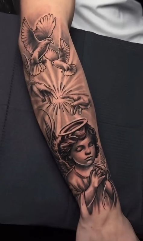 Dove Sleeve Tattoo Women, Angel Sleeve Tattoo Women, Dove Sleeve Tattoo, Angel Tattoo Forearm, Sleeve Tattoo Women, Angel Sleeve Tattoo, Tattoo Forearm, Tattoo Women, Angel Tattoo