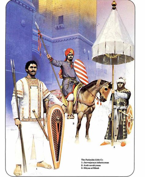 arab muslim warriors of the late Fatimid Caliphate and during the creation of the Ayyubid Dynasty. Fatimid Caliphate, Angus Mcbride, Warrior Illustration, Abbasid Caliphate, Medieval Warfare, Lost Treasure, Warriors Illustration, Historical Warriors, High Middle Ages