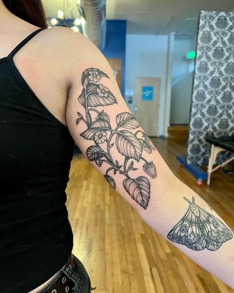 Strawberry Tree Tattoo, Strawberry Shoulder Tattoo, Strawberry Elbow Tattoo, Strawberry Wrap Around Tattoo, Strawberry Leaf Tattoo, Black And Grey Strawberry Tattoo, Floral And Fruit Tattoo, Strawberry Bush Tattoo, Traditional Strawberry Tattoo Black