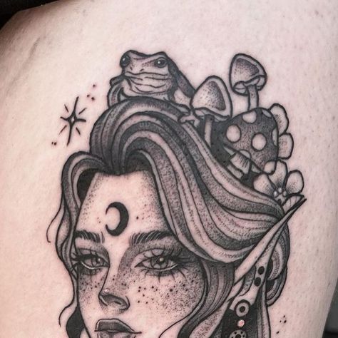 @laurbo_ink on Instagram: "✨Mushroom Girly✨ A custom fairy babe today for Caitlin 🍄🌸🌿 #tattoo #tattooartist #tattooideas #blackwork #blackworktattoo #manchestertattoo #yorkshiretattoo #thightattoo #fairytattoo #fairy #mushroomtattoo" Elf Tattoo, Sarah Tattoo, Nature Tattoo Ideas, Unique Tattoos For Women, Face Tattoos For Women, Choose Her, Mushroom Tattoos, Nature Tattoo, Fantasy Tattoos